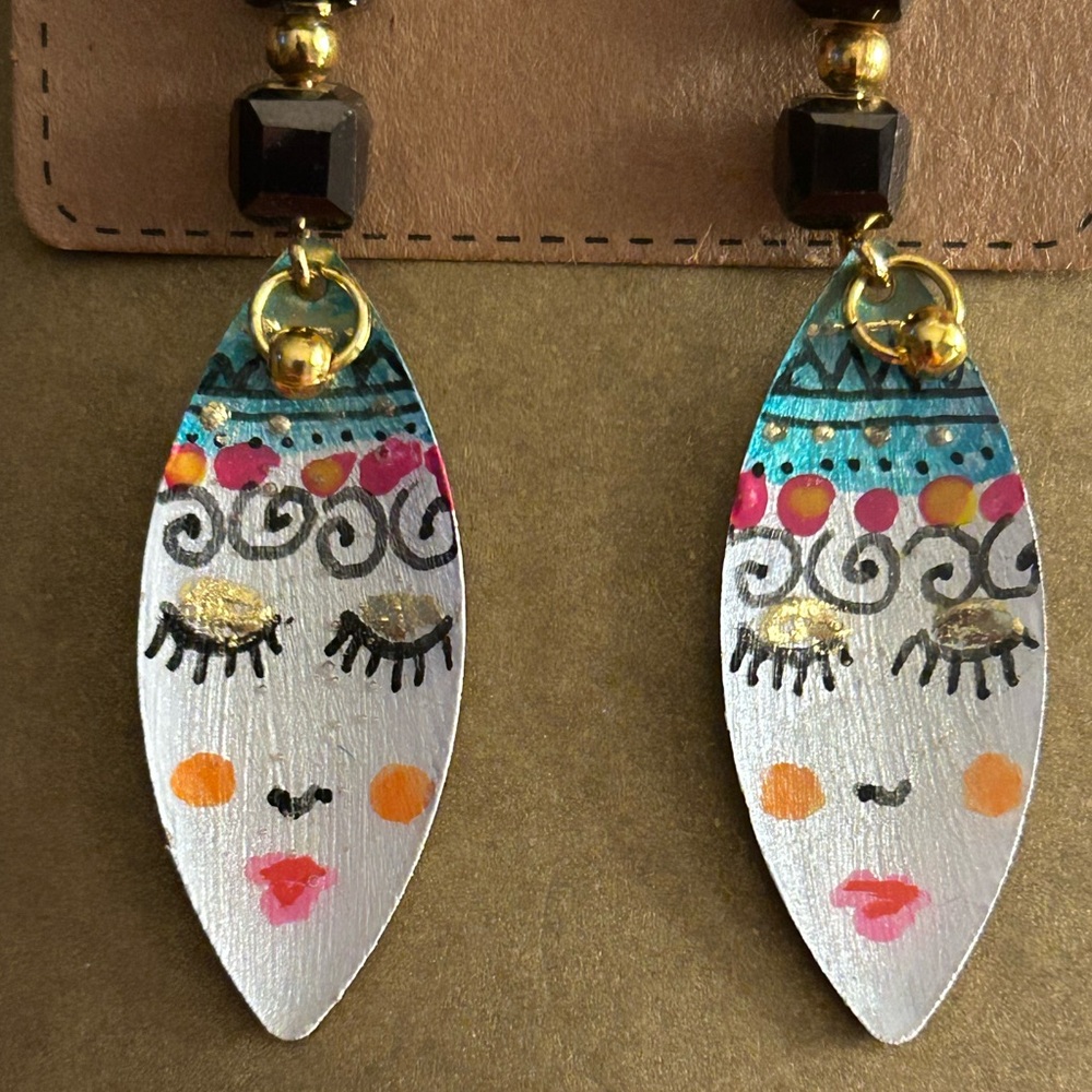 NWOT Earrings “Fairy Queen” Artisan Oil Paintings real gold w Hematite pierced